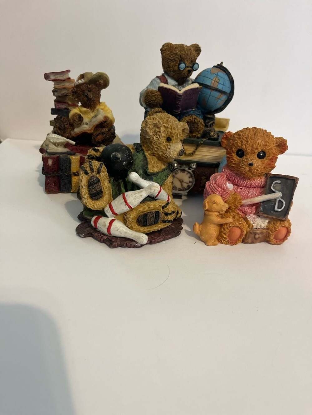 Lot of 4 Vintage FIGI Antique Teddies Figurines Scholar Music Box & Bowling Bear